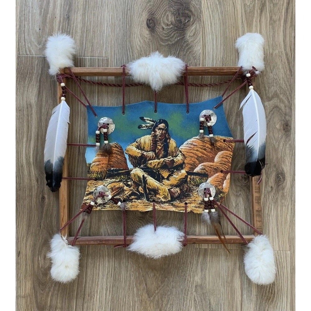Vintage Mandella Shield Southwestern Painted Wall Hanging Feathers Fur Conchos
